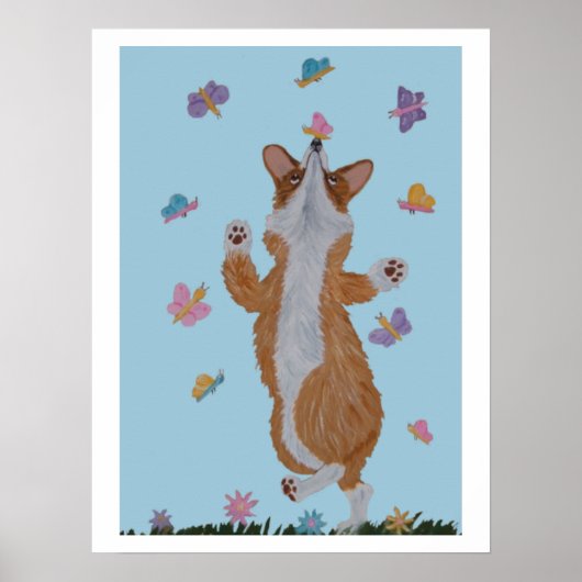 Tanzender Welsh Corgi mit Schmetterlingen Poster (Vorne)