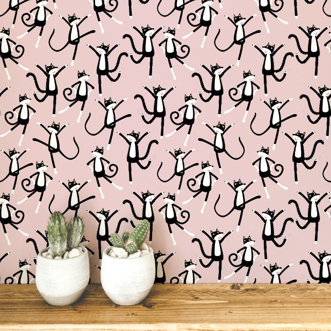 Tanzendes Katze Muster Rosé Tapete (Black and white tuxedo kitty cat pattern blush pink peel and stick wallpaper)