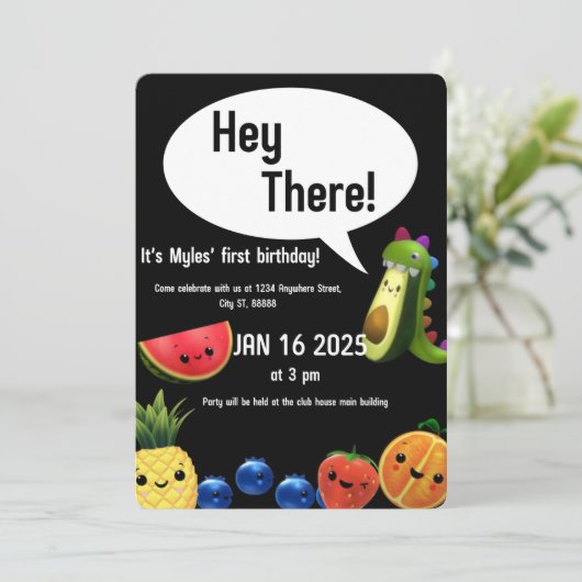 Tanzfruchtkarte zum ersten Geburtstag Einladung (Stehend Vorderseite)