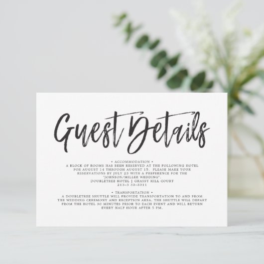 Tanzskript schwarz | Weiß | Details der Gäste Einladung (Stehend Vorderseite)