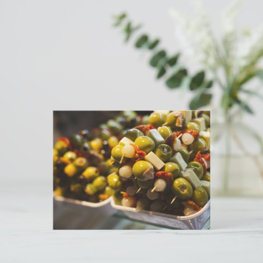 Tapas aus gestopften Oliven Postkarte (Stehend Vorderseite)