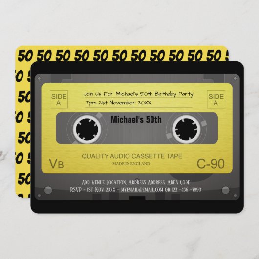 Tape Cassette RETRO Einladung 50. 60. 70. JA (Vorne/Hinten)