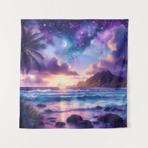 Tapestry Lila Sunset Tropical Beach Moon Art Wandteppich
