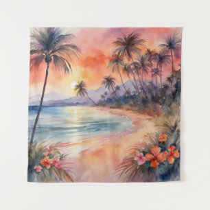 Tapestry Orange Pink Sunset Tropical Beach Palms Wandteppich
