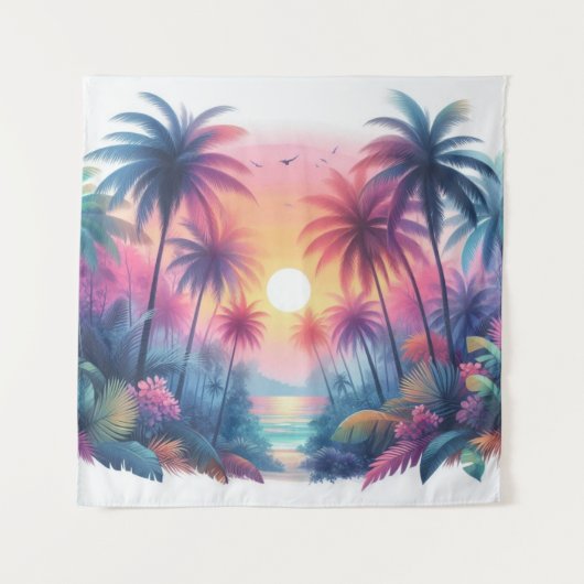 Tapestry Pink Sunset Tropical Beach Art Wandteppich (Vorderseite)