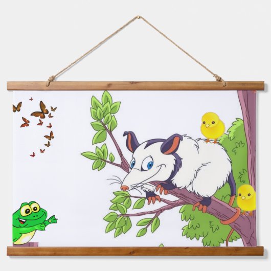 Tapestry Possum Frosch Chick Floral Wandteppich Mit Holzrahmen (Vorne)