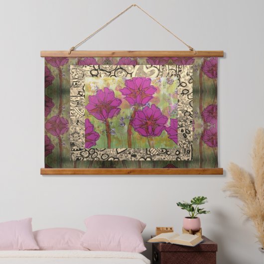 Tapestry - Three Pink Flowers Wandteppich Mit Holzrahmen (Schlafzimmer)