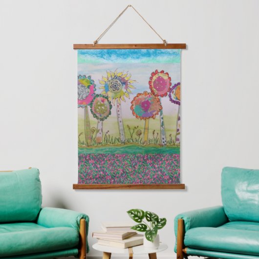 Tapestry - Whimsical Flowers Wandteppich Mit Holzrahmen (Wohnzimmer)