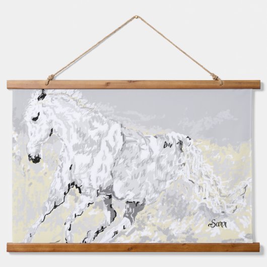 Tapestry : wild white Stallion  Wandteppich Mit Holzrahmen (Vorne)