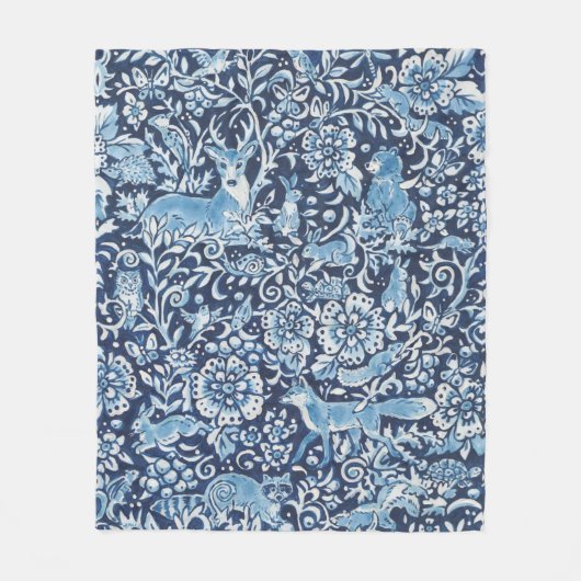 Tapesty Indigo Blue White Woodland Animal Floral Fleecedecke (Vorderseite)