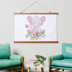 Tapisserie aus Holz, rosa Elephant, floral Wandteppich Mit Holzrahmen