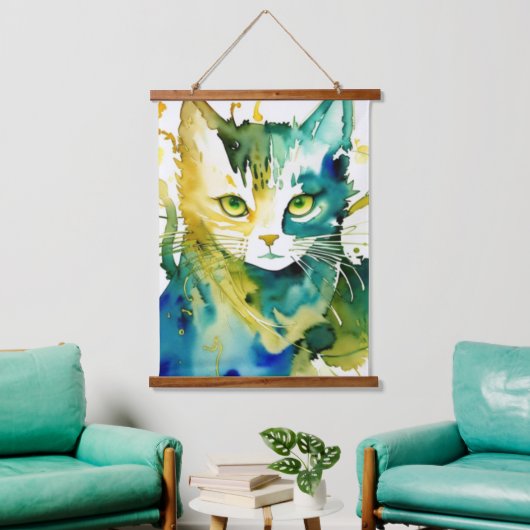 Tapisserie "Green Cat Wall" Wandteppich Mit Holzrahmen (Wohnzimmer)