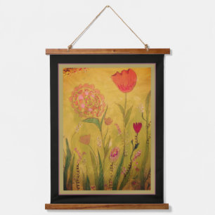 Tapisserie - Mixed Media Blumen-2 Wandteppich Mit Holzrahmen