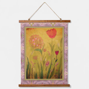 Tapisserie - Mixed Media Blumen Wandteppich Mit Holzrahmen