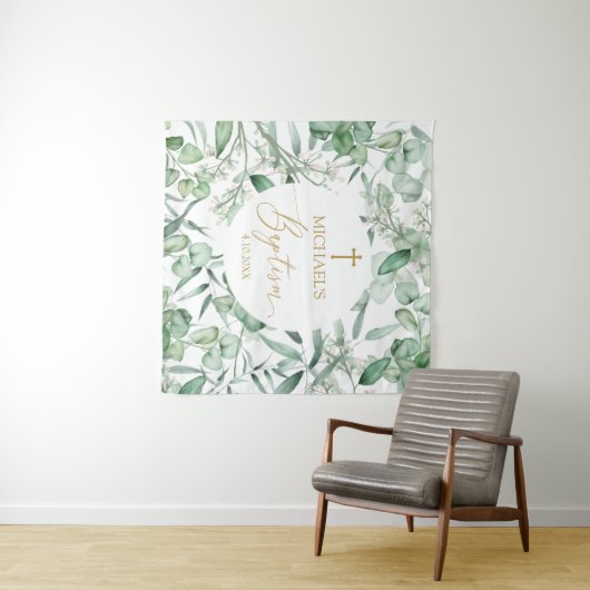 Tapiz  Baptism Eucalyptus greenery backdrop banner Wandteppich (Beispiel (Horizontal))