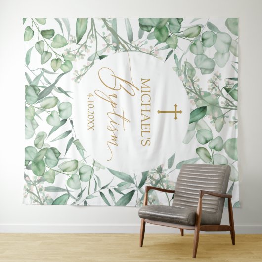 Tapiz Baptism Eucalyptus greenery backdrop banner Wandteppich (Beispiel (Horizontal))