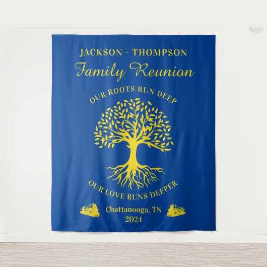 Tapiz Family reunion tree backdrop banner blue Wandteppich (Vorderseite)