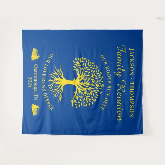 Tapiz Family reunion tree backdrop banner blue Wandteppich (Vorderseite (Horizontal))