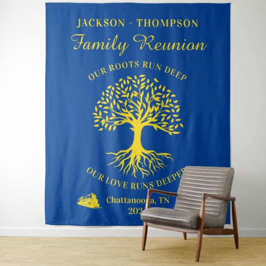 Tapiz Family reunion tree backdrop banner blue Wandteppich (Beispiel)