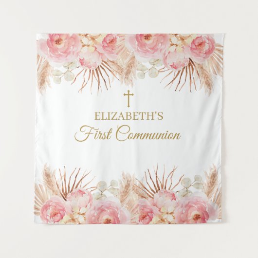 Tapiz Pink Floral First Communion Backdrop banner Wandteppich (Vorderseite)