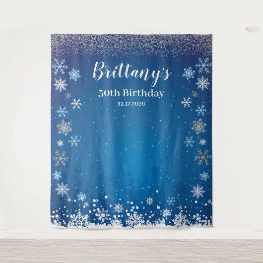 Tapiz Snow Blue Winter Birthday Backdrop banner Wandteppich (Vorderseite)
