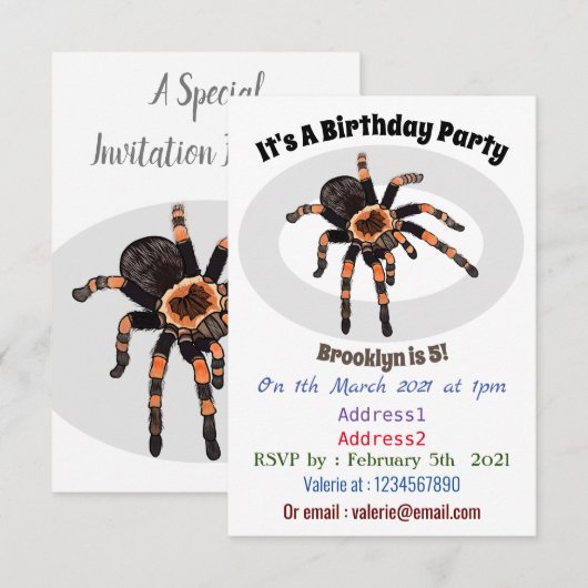 Tarantula-Cartoon Einladung (Vorne/Hinten)