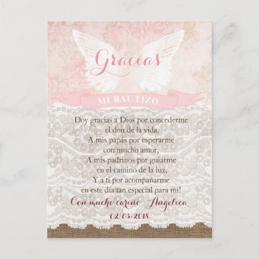 Tarjeta de Gracias con oración para Bautismo Postkarte (Vorderseite)