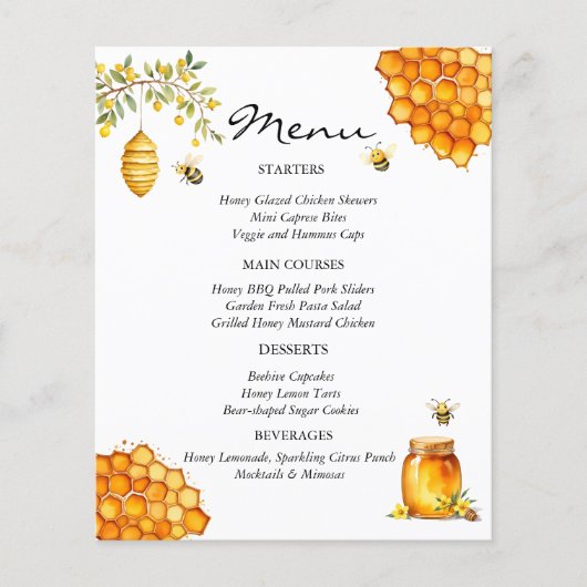 Tarjeta de menú Baby Dusche Bee Honey Bear (Vorderseite)