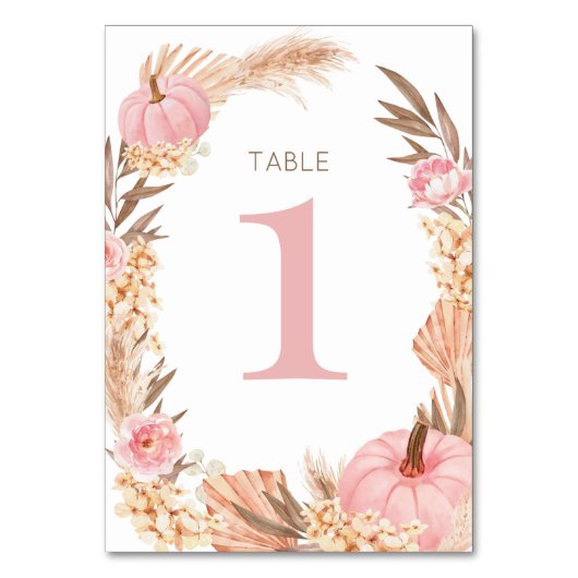 Tarjeta De Mesa Boho Pampas pink  Pumpkin Table nu Tischnummer (Vorderseite)