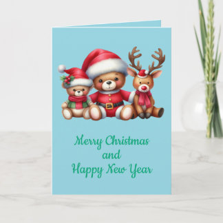 Tarjeta de Navidad con imagen de osito y reno. Karte