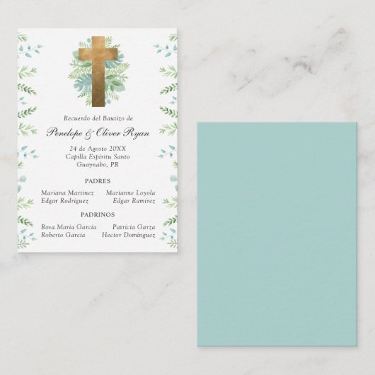 Tarjeta de Recuerdo de Bautizo con Cruz en Oro Mitteilungskarte (Vorne/Hinten)