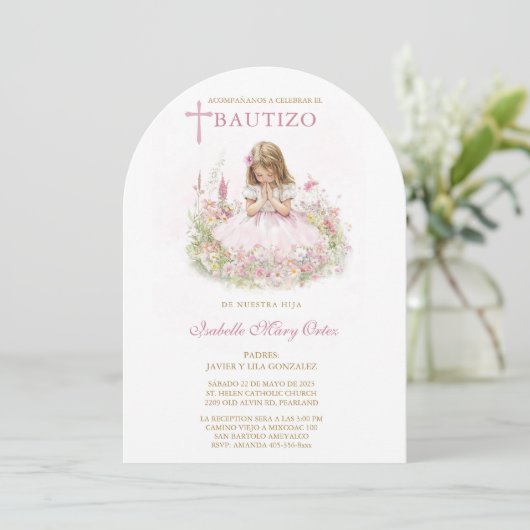 Tarjeta Personalizada Bautizo Niña Einladung (Stehend Vorderseite)