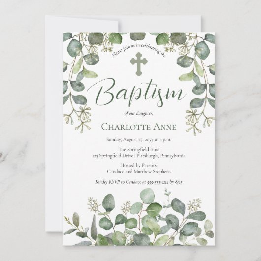 Tarnfarben | Sage Green Seded Eukalyptus Baptisse Einladung (Vorderseite)