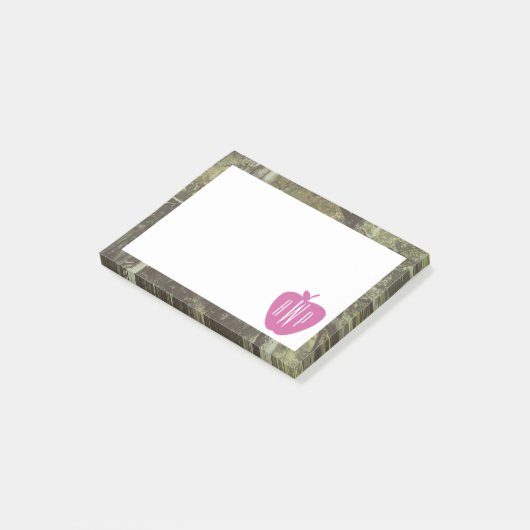 Tarnung + Rosa mit Monogramm Lehrer Apples Post-it Klebezettel (angewinkelt)