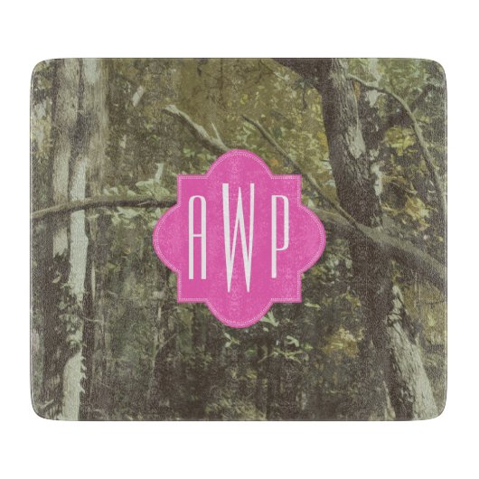 Tarnung + Rosa Monogramm Schneidebrett (Vorderseite)