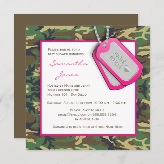 Tarnungs-/Camouflage-Baby-Mädchen-Dusche laden ein Einladung (Vorne/Hinten)