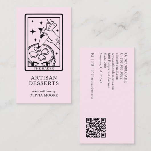 Tarot Artisan Baker Dessert Catering QR Code Pink Visitenkarte (Vorne/Hinten)