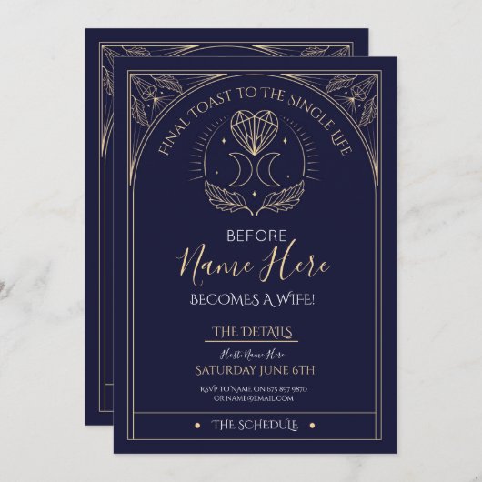 Tarot Brautparty Party Itinerary Navy Mystical Einladung (Vorne/Hinten)