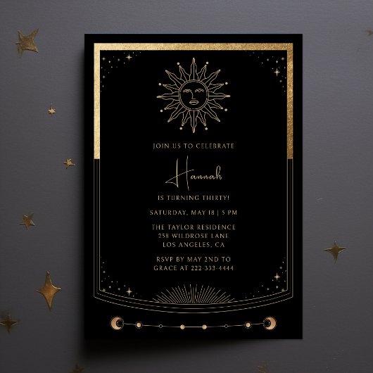 Tarot Card Black Gold Mystical Birthday Einladung