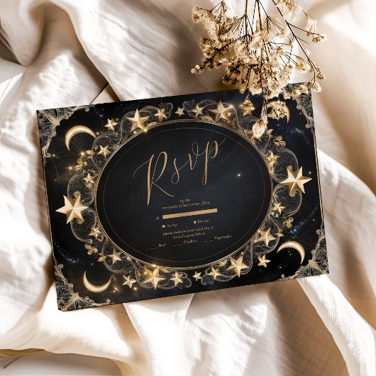 Tarot Celestial Wedding Sun Moon Stars Gold RSVP Karte