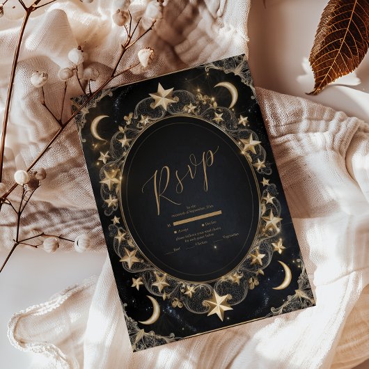 Tarot Celestial Wedding Sun Moon Stars Gold RSVP Karte