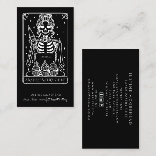 Tarot Skeleton Baker Whisk Cupcake Black Visitenkarte (Vorne/Hinten)