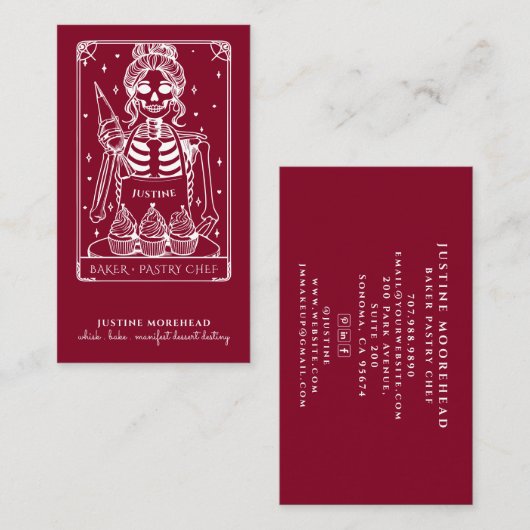 Tarot Skeleton Baker Whisk Cupcake Burgundy Visitenkarte (Vorne/Hinten)