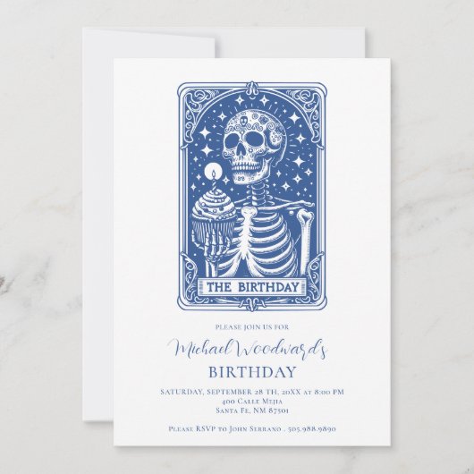 Tarot Skeleton Blue Birthday Einladung (Vorderseite)