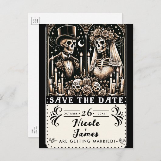Tarot Skeletons Bräunen Hochzeit speichern das Dat Ankündigungspostkarte (Vorne/Hinten)