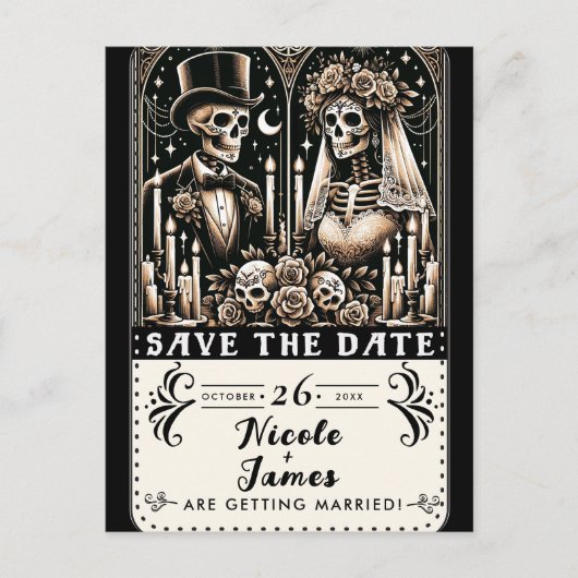 Tarot Skeletons Bräunen Hochzeit speichern das Dat Ankündigungspostkarte (Vorderseite)