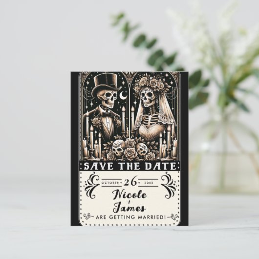 Tarot Skeletons Bräunen Hochzeit speichern das Dat Ankündigungspostkarte (Stehend Vorderseite)