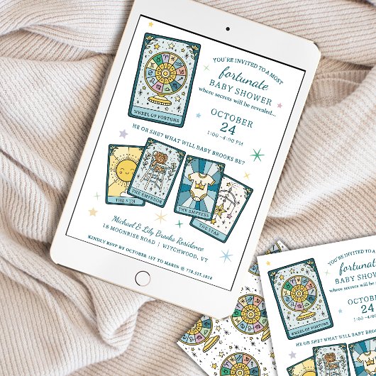 Tarot Wheel of Fortune Gender Reveal Baby Shower Einladung