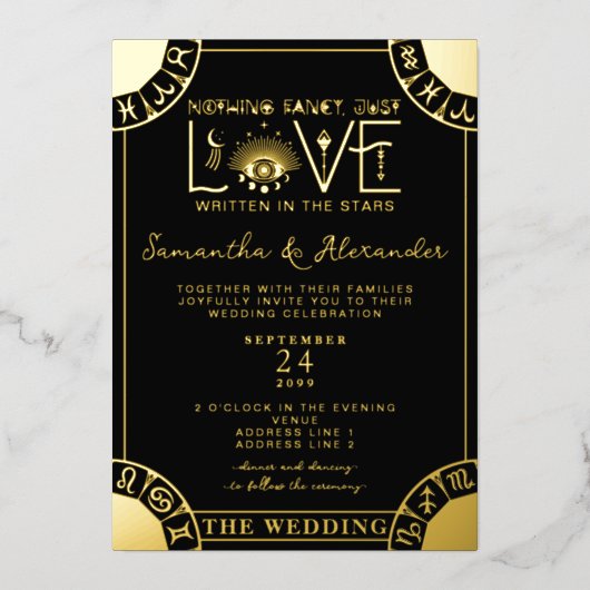 Tarot Zodiac Sign Evil Eye Black Celestial Hochzei Folieneinladung (Vorderseite)