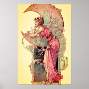 TAROTS / LADY DES MONDS MIT BLUMEN Rosa Gelb Poster